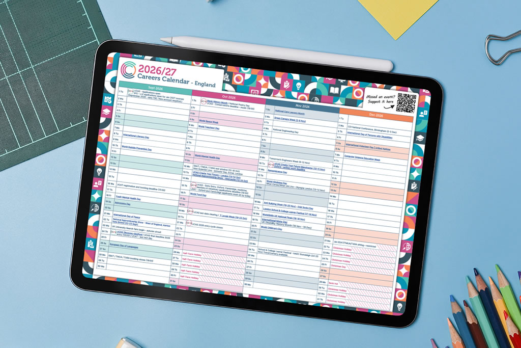 2026/27 Careers Calendar for England on a tablet screen on a desk